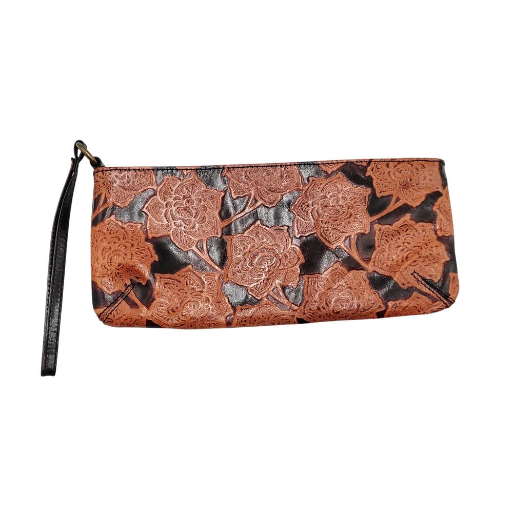 Y2K Express Brown Embossed Genuine Leather Floral Print Wristlet Clutch Handbag